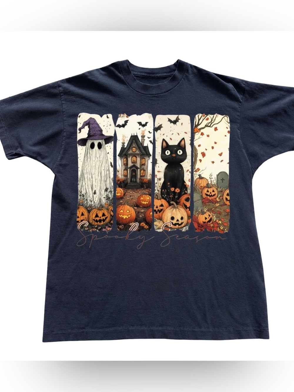 Spooky Season Black Halloween Graphic Tee - Black Cat & Pumpkins Vintage Style
